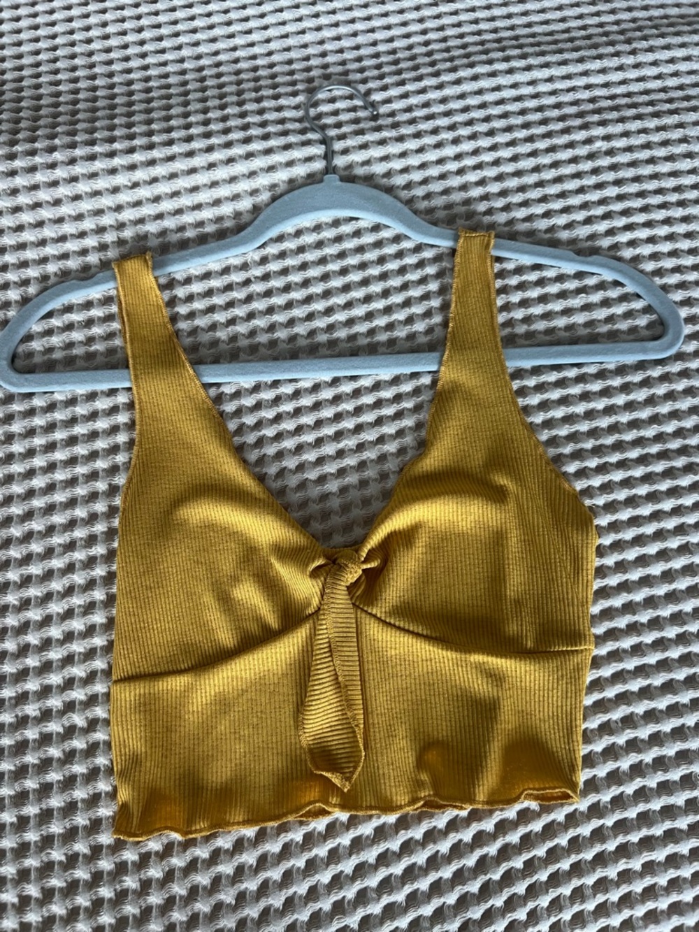 Zara Mustard Yellow Ribbed Tie-Front Crop Top
